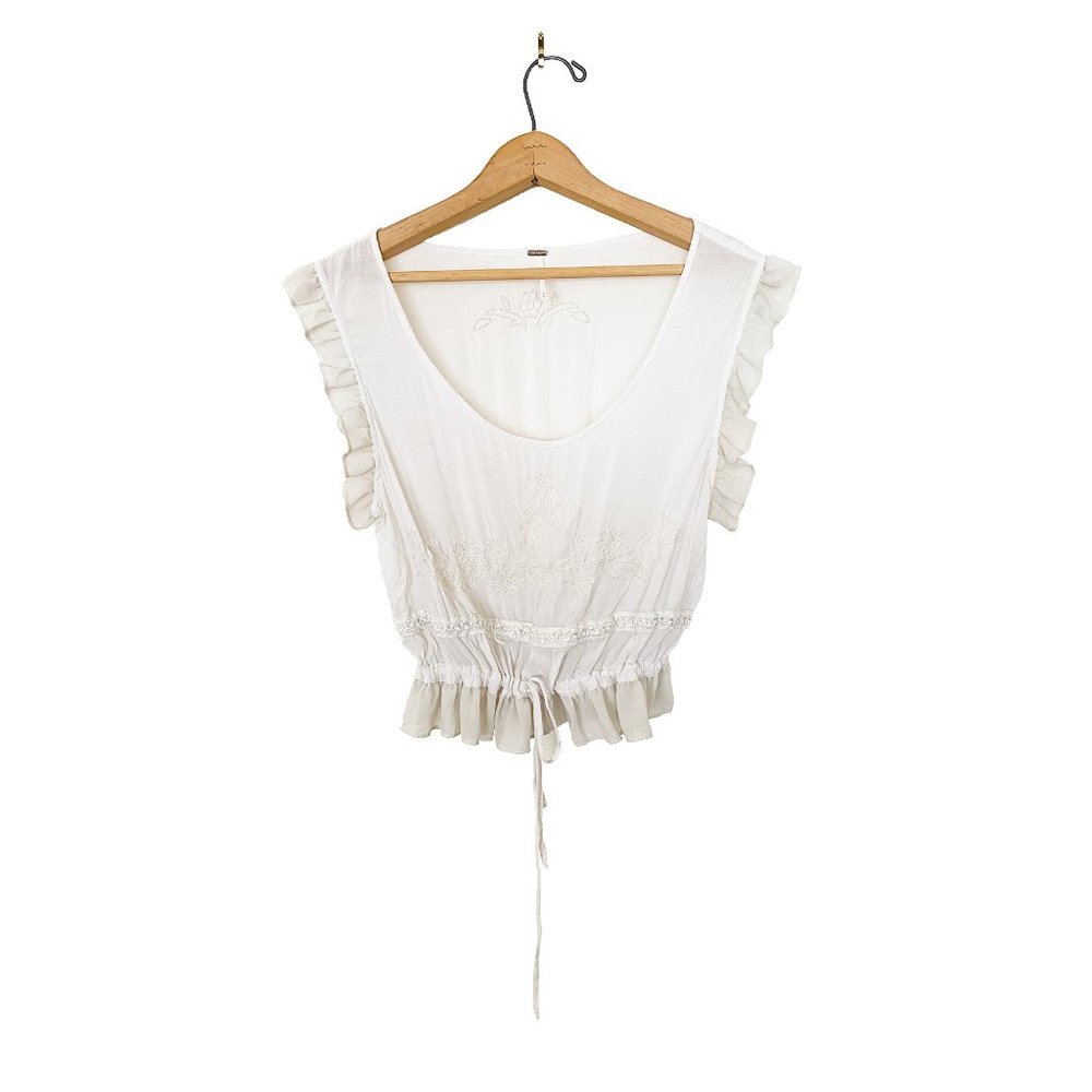 VINTAGE FREE PEOPLE WHITE SHEER RUFFLE BLOUSE S/P